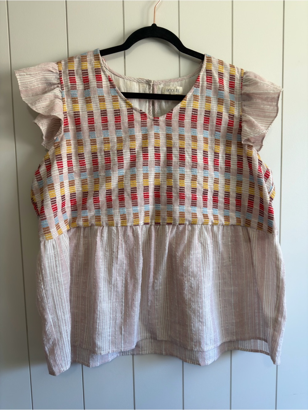 Roolee Pink Multicolor Embroidered Flutter Sleeve Top